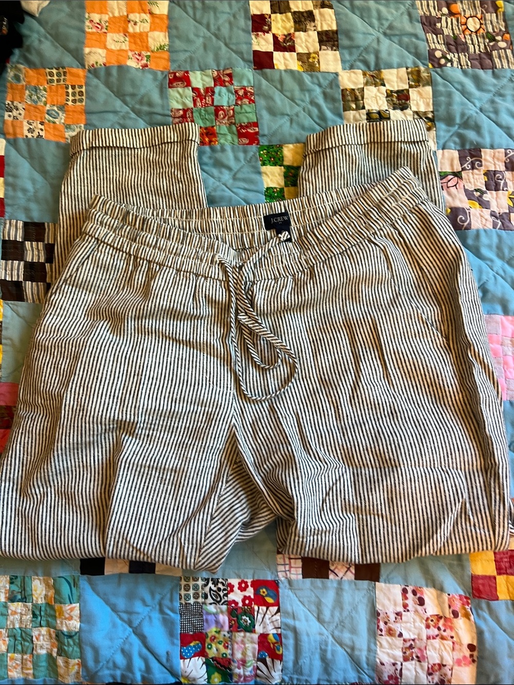 J. Crew Charcoal Black and White Striped Cropped Drawstring Pants